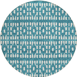 HomeRoots 5' Stylish Teal Blue and Ivory Geometric Washable Area Rug for Indoor or Outdoor Spaces 8' Round 613809