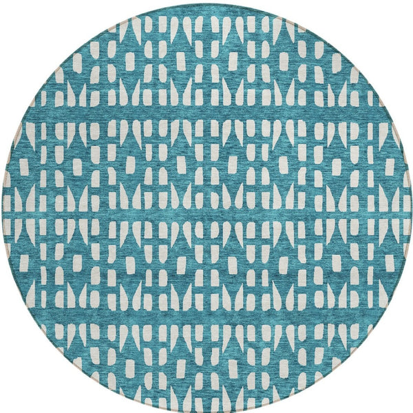 HomeRoots 5' Stylish Teal Blue and Ivory Geometric Washable Area Rug for Indoor or Outdoor Spaces 8' Round 613809