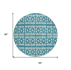 HomeRoots 5' Stylish Teal Blue and Ivory Geometric Washable Area Rug for Indoor or Outdoor Spaces 8' Round 613809
