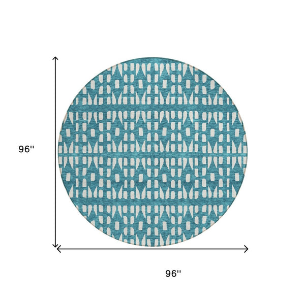 HomeRoots 5' Stylish Teal Blue and Ivory Geometric Washable Area Rug for Indoor or Outdoor Spaces 8' Round 613809