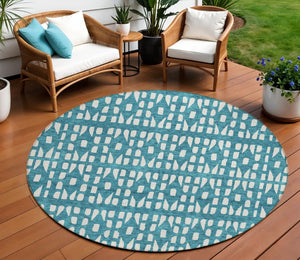 HomeRoots 5' Stylish Teal Blue and Ivory Geometric Washable Area Rug for Indoor or Outdoor Spaces 8' Round 613809