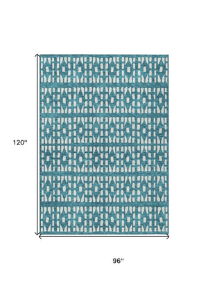 HomeRoots 5' Stylish Teal Blue and Ivory Geometric Washable Area Rug for Indoor or Outdoor Spaces 8' X 10' 613810