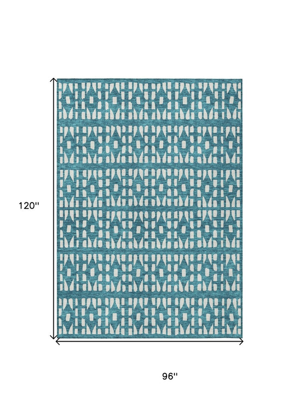 HomeRoots 5' Stylish Teal Blue and Ivory Geometric Washable Area Rug for Indoor or Outdoor Spaces 8' X 10' 613810