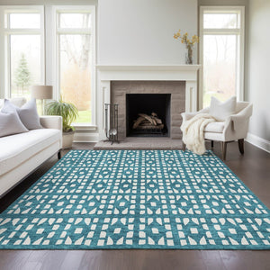 HomeRoots 5' Stylish Teal Blue and Ivory Geometric Washable Area Rug for Indoor or Outdoor Spaces 8' X 10' 613810