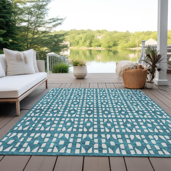 HomeRoots 5' Stylish Teal Blue and Ivory Geometric Washable Area Rug for Indoor or Outdoor Spaces 8' X 10' 613810