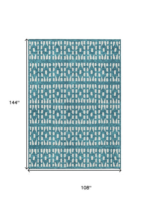 HomeRoots 5' Stylish Teal Blue and Ivory Geometric Washable Area Rug for Indoor or Outdoor Spaces 9' X 12' 613811