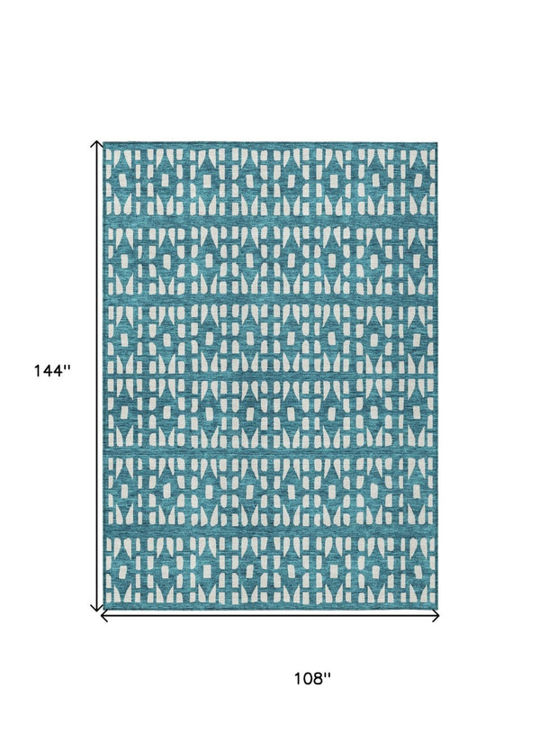 HomeRoots 5' Stylish Teal Blue and Ivory Geometric Washable Area Rug for Indoor or Outdoor Spaces 9' X 12' 613811