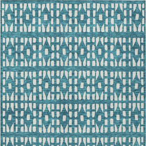 HomeRoots 5' Stylish Teal Blue and Ivory Geometric Washable Area Rug for Indoor or Outdoor Spaces 9' X 12' 613811