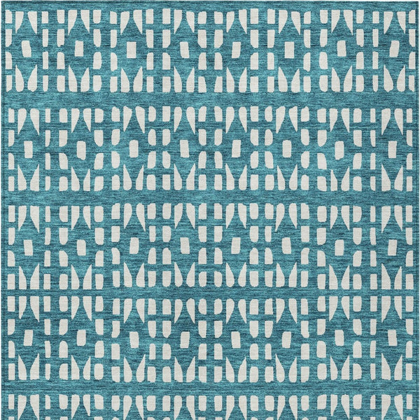 HomeRoots 5' Stylish Teal Blue and Ivory Geometric Washable Area Rug for Indoor or Outdoor Spaces 9' X 12' 613811