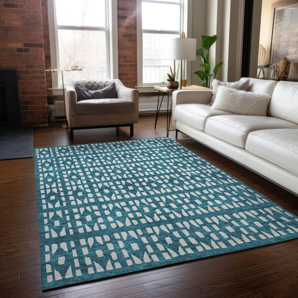 HomeRoots 5' Stylish Teal Blue and Ivory Geometric Washable Area Rug for Indoor or Outdoor Spaces 9' X 12' 613811