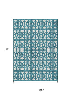HomeRoots 5' Stylish Teal Blue and Ivory Geometric Washable Area Rug for Indoor or Outdoor Spaces 10' X 14' 613812