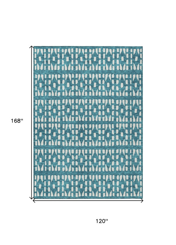 HomeRoots 5' Stylish Teal Blue and Ivory Geometric Washable Area Rug for Indoor or Outdoor Spaces 10' X 14' 613812