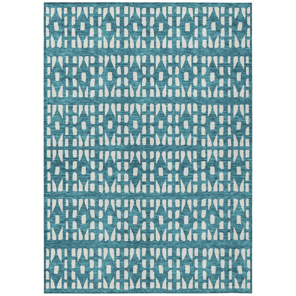 HomeRoots 5' Stylish Teal Blue and Ivory Geometric Washable Area Rug for Indoor or Outdoor Spaces 10' X 14' 613812
