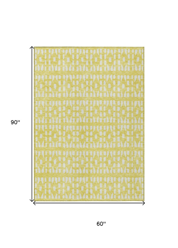 HomeRoots 5' Bright Yellow and Ivory Geometric Washable Area Rug for Indoor and Outdoor Spaces, Durable Design 5' X 8' 613814