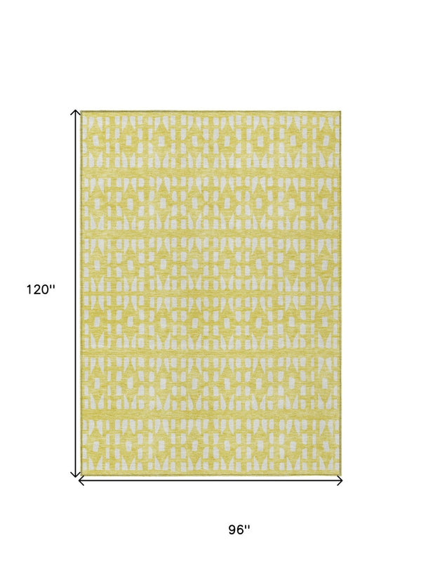 HomeRoots 5' Bright Yellow and Ivory Geometric Washable Area Rug for Indoor and Outdoor Spaces, Durable Design 8' X 10' 613816