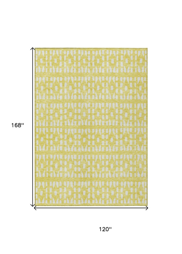 HomeRoots 5' Bright Yellow and Ivory Geometric Washable Area Rug for Indoor and Outdoor Spaces, Durable Design 10' X 14' 613818