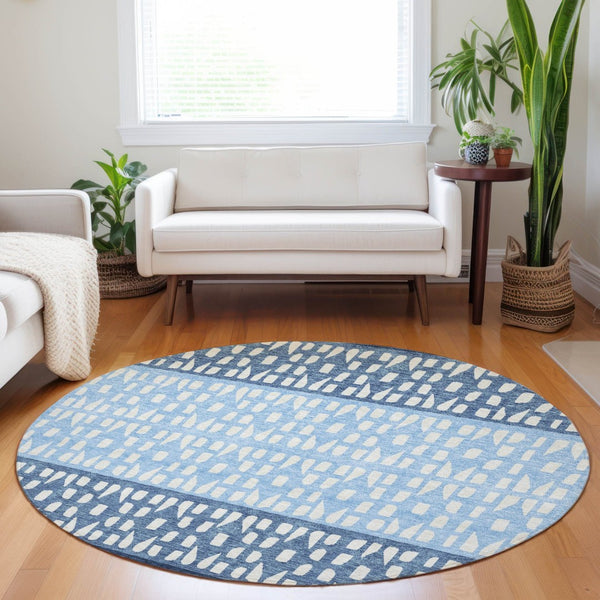HomeRoots 5' Stylish Blue and Ivory Geometric Area Rug for Indoor/Outdoor Use - Easy Care, Durable Design 8' Round 613827
