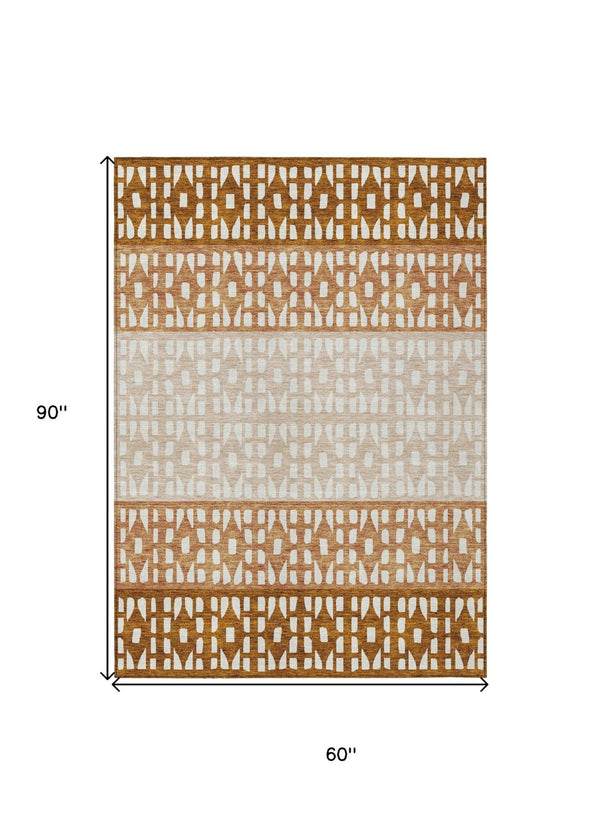 HomeRoots 5' Modern Geometric Area Rug in Warm Orange and Beige - Washable for Indoor and Outdoor Use 5' X 8' 613862