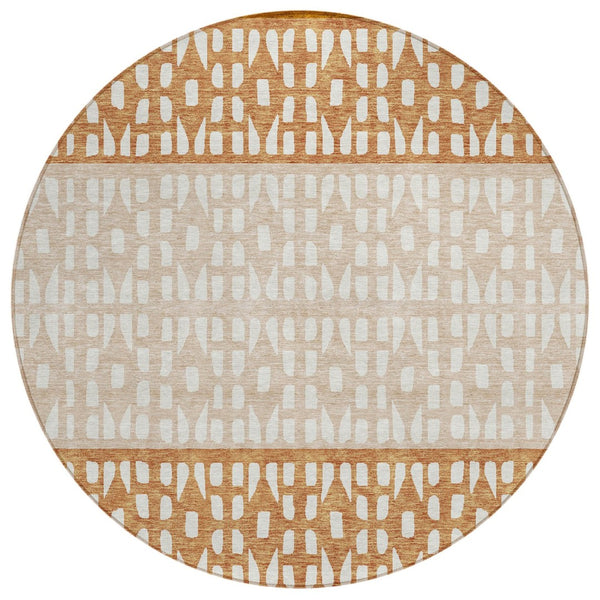 HomeRoots 5' Modern Geometric Area Rug in Warm Orange and Beige - Washable for Indoor and Outdoor Use 8' Round 613863