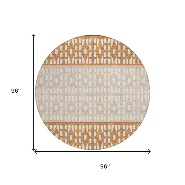 HomeRoots 5' Modern Geometric Area Rug in Warm Orange and Beige - Washable for Indoor and Outdoor Use 8' Round 613863