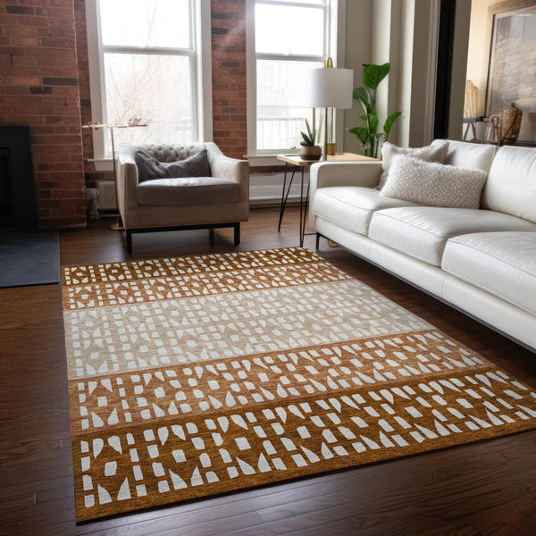 HomeRoots 5' Modern Geometric Area Rug in Warm Orange and Beige - Washable for Indoor and Outdoor Use 8' X 10' 613864