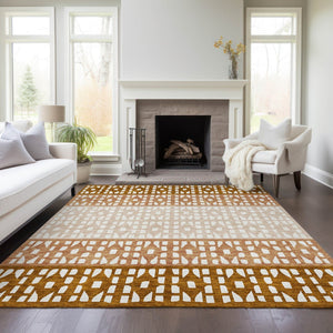 HomeRoots 5' Modern Geometric Area Rug in Warm Orange and Beige - Washable for Indoor and Outdoor Use 8' X 10' 613864