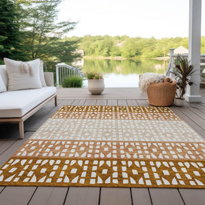 HomeRoots 5' Modern Geometric Area Rug in Warm Orange and Beige - Washable for Indoor and Outdoor Use 8' X 10' 613864