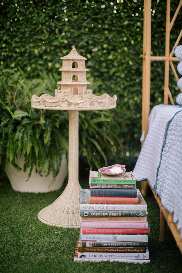 Chelsea House Sloane Hand-Woven Rattan Side Table With Tulip Base, Scalloped Gallery & Tempered Glass Top 61386614