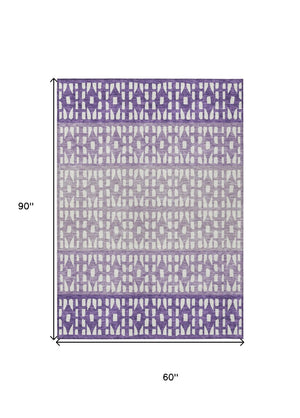 HomeRoots 5' Modern Purple Lavender and Ivory Geometric Washable Area Rug for Indoor and Outdoor Spaces 5' X 8' 613868
