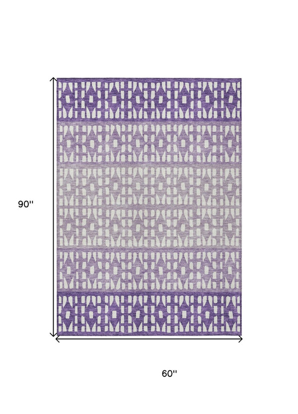 HomeRoots 5' Modern Purple Lavender and Ivory Geometric Washable Area Rug for Indoor and Outdoor Spaces 5' X 8' 613868