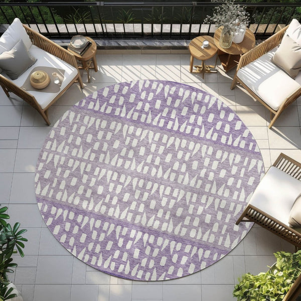 HomeRoots 5' Modern Purple Lavender and Ivory Geometric Washable Area Rug for Indoor and Outdoor Spaces 8' Round 613869