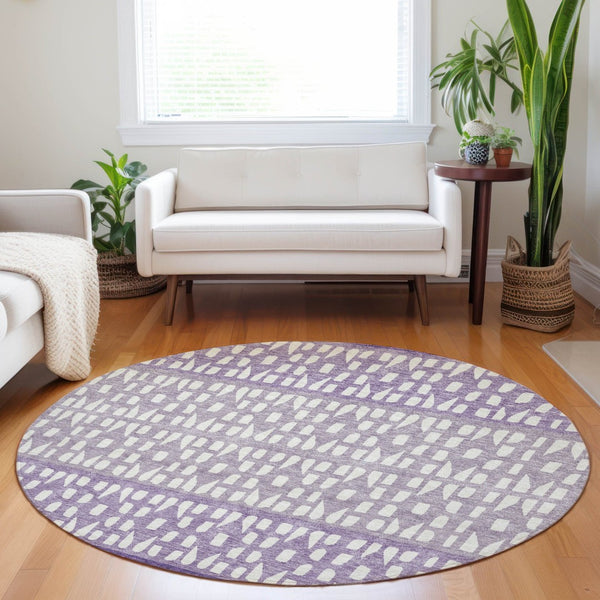 HomeRoots 5' Modern Purple Lavender and Ivory Geometric Washable Area Rug for Indoor and Outdoor Spaces 8' Round 613869