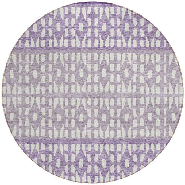 HomeRoots 5' Modern Purple Lavender and Ivory Geometric Washable Area Rug for Indoor and Outdoor Spaces 8' Round 613869
