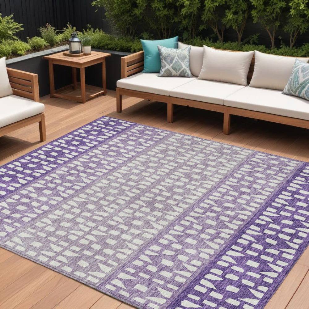 HomeRoots 5' Modern Purple Lavender and Ivory Geometric Washable Area Rug for Indoor and Outdoor Spaces 9' X 12' 613871