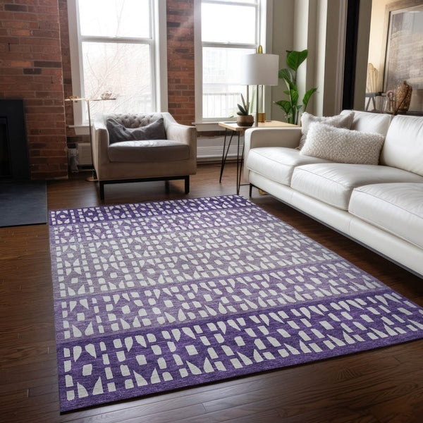 HomeRoots 5' Modern Purple Lavender and Ivory Geometric Washable Area Rug for Indoor and Outdoor Spaces 10' X 14' 613872