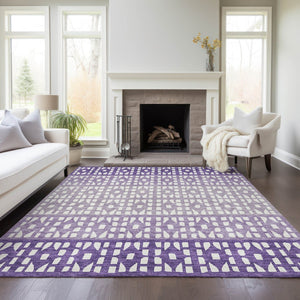 HomeRoots 5' Modern Purple Lavender and Ivory Geometric Washable Area Rug for Indoor and Outdoor Spaces 10' X 14' 613872