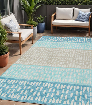 HomeRoots 5' Vibrant Teal Blue and Aqua Geometric Indoor Outdoor Area Rug - Stylish, Washable, Durable Design 5' X 8' 613874