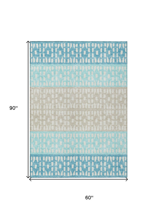 HomeRoots 5' Vibrant Teal Blue and Aqua Geometric Indoor Outdoor Area Rug - Stylish, Washable, Durable Design 5' X 8' 613874