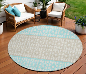 HomeRoots 5' Vibrant Teal Blue and Aqua Geometric Indoor Outdoor Area Rug - Stylish, Washable, Durable Design 8' Round 613875