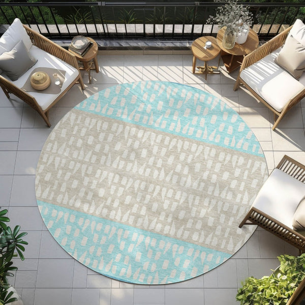 HomeRoots 5' Vibrant Teal Blue and Aqua Geometric Indoor Outdoor Area Rug - Stylish, Washable, Durable Design 8' Round 613875