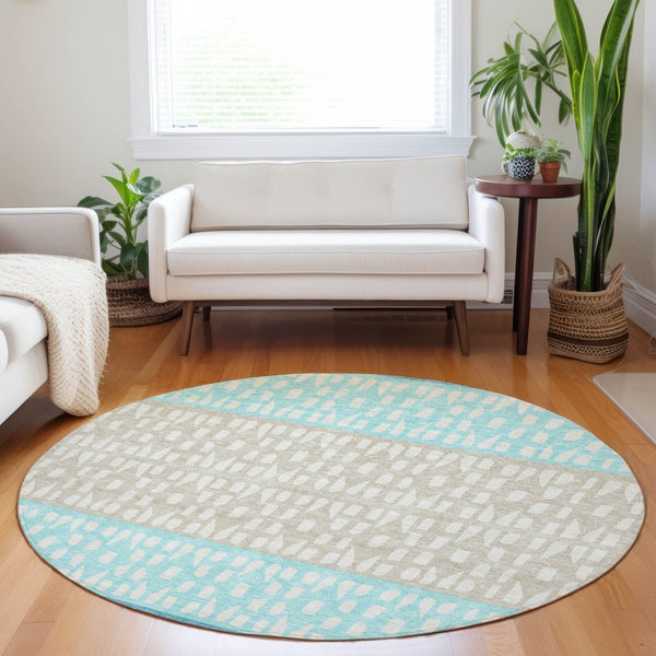 HomeRoots 5' Vibrant Teal Blue and Aqua Geometric Indoor Outdoor Area Rug - Stylish, Washable, Durable Design 8' Round 613875