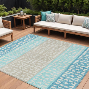 HomeRoots 5' Vibrant Teal Blue and Aqua Geometric Indoor Outdoor Area Rug - Stylish, Washable, Durable Design 8' X 10' 613876