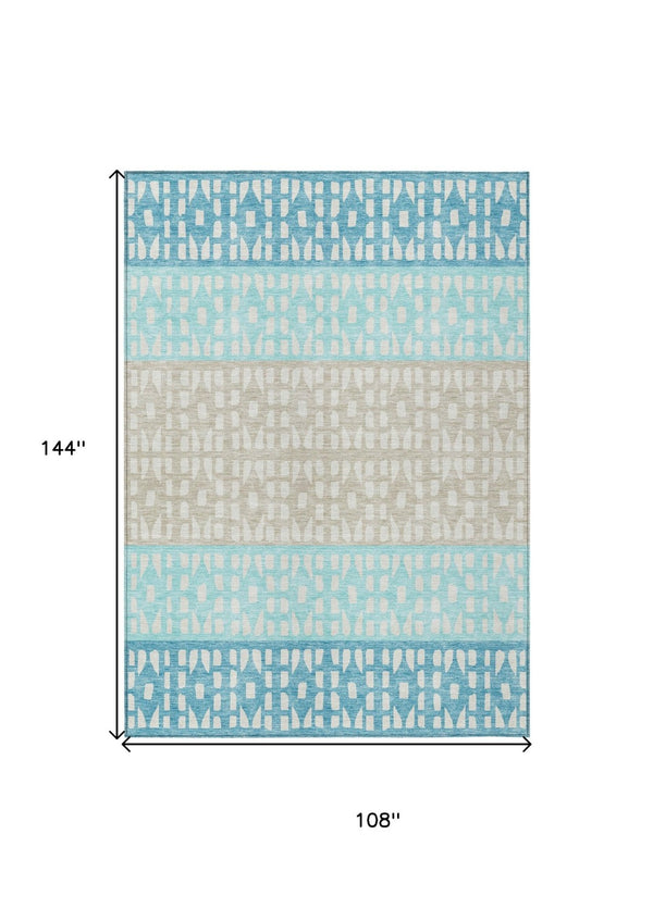 HomeRoots 9' X 12' Teal Blue Geometric Washable Area Rug – Durable Indoor/Outdoor Design for Easy Care & Style 613877