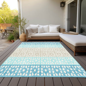 HomeRoots 5' Vibrant Teal Blue and Aqua Geometric Indoor Outdoor Area Rug - Stylish, Washable, Durable Design 10' X 14' 613878