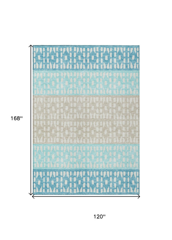 HomeRoots 5' Vibrant Teal Blue and Aqua Geometric Indoor Outdoor Area Rug - Stylish, Washable, Durable Design 10' X 14' 613878
