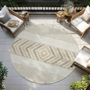 HomeRoots 5' Beige Ivory and Taupe Southwestern Area Rug - Durable, Washable, Perfect for Indoor/Outdoor Use 8' Round 613881