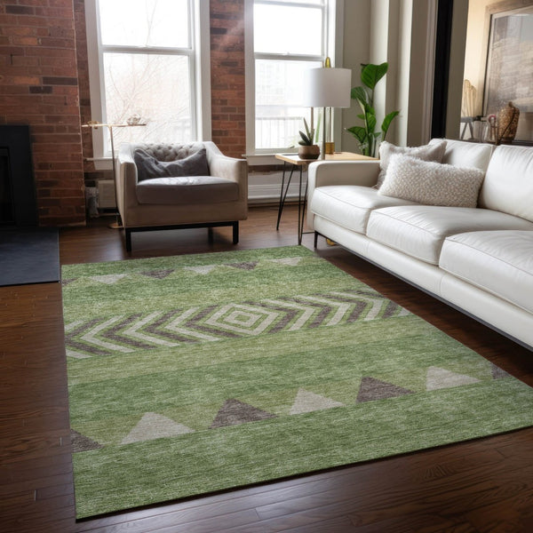 HomeRoots 5' Southwestern Indoor Outdoor Area Rug in Green, Taupe, and Ivory - Durable, Washable Design for All Spaces 5' X 8' 613898