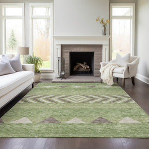 HomeRoots 5' Southwestern Indoor Outdoor Area Rug in Green, Taupe, and Ivory - Durable, Washable Design for All Spaces 8' X 10' 613900