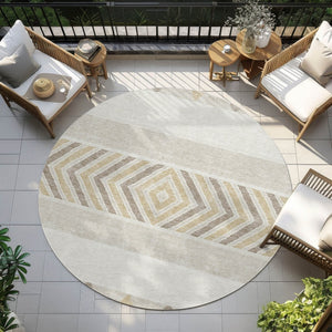HomeRoots 5' Southwestern Indoor Outdoor Area Rug – Stylish Ivory, Beige & Taupe Design, Machine Washable, Durable 8' Round 613917