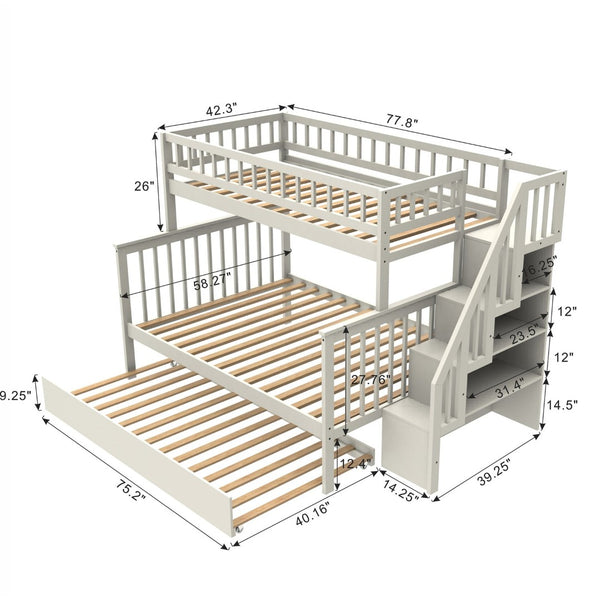 English Elm Twin Over Full Stairway Bunk Bed With Trundle & Storage – Stylish Cream Design For Kids & Teens K495S00004-GIGA